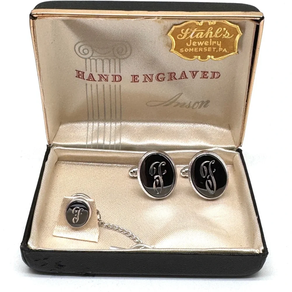 Vintage Anson F Engraved Silvertone Cufflinks and Tie Tack Set with Black Inlay